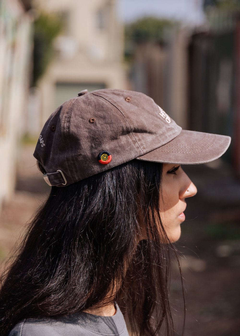 Clothing The Gaps Faded Brown Honour Country Cap — Cream Thread Embroidery CTG Circle Logo Adjustable Clasp Aboriginal Business Narrm