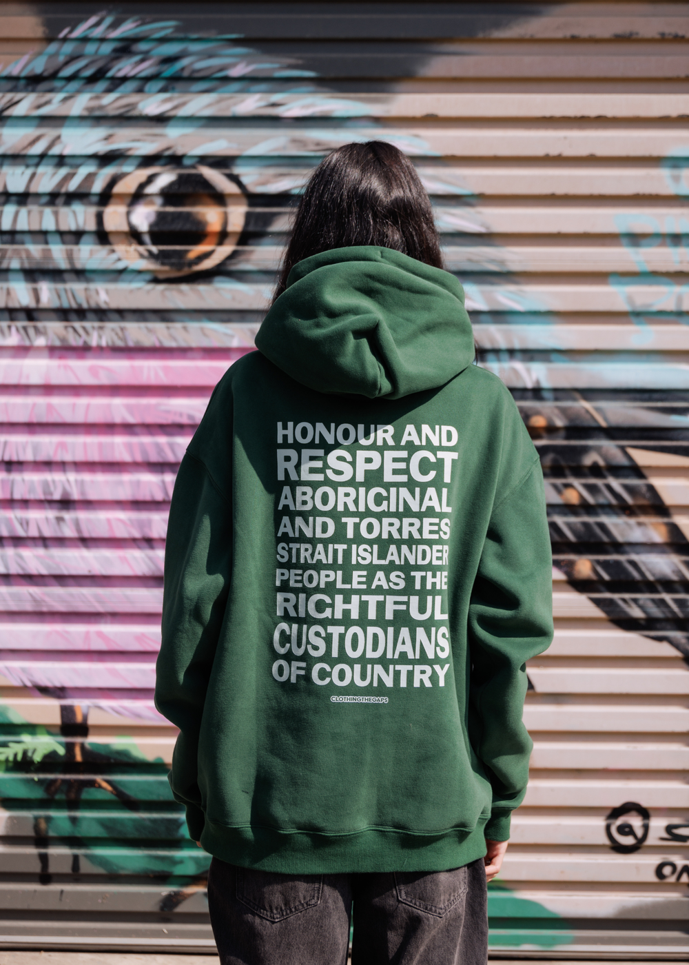Clothing The Gaps Green Honour Country Hoodie — Embroidered Gumleaf Front Honour Country Back 350GSM Thick Fleece Aboriginal Business Narrm