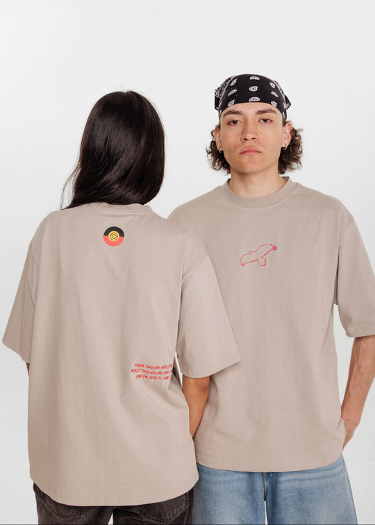 Clothing The Gaps Grey Bunjil Dreaming Tee — Red Embroidered Bunjil Kulin Nation 280GSM Cotton Past Present Future First Nations Social Enterprise