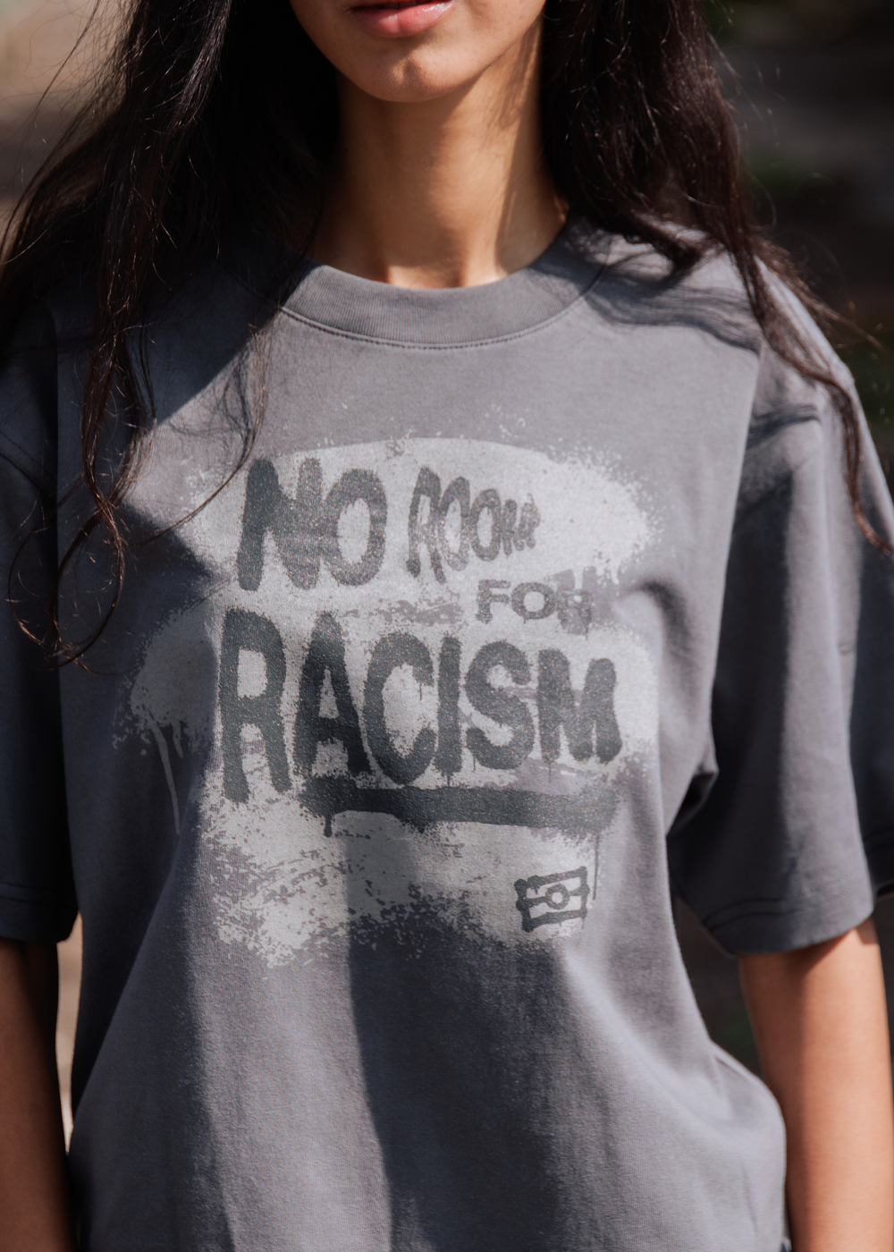 Clothing The Gaps Grey No Room For Racism Oversized Tee — Spray Paint Aboriginal Flag Outline 230GSM Organic Cotton Anti Racism Aboriginal Business