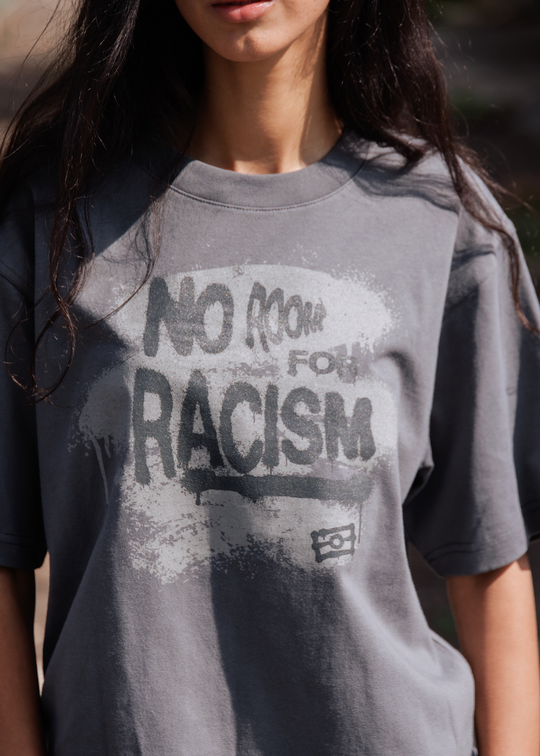 Clothing The Gaps Grey No Room For Racism Oversized Tee — Spray Paint Aboriginal Flag Outline 230GSM Organic Cotton Anti Racism Aboriginal Business
