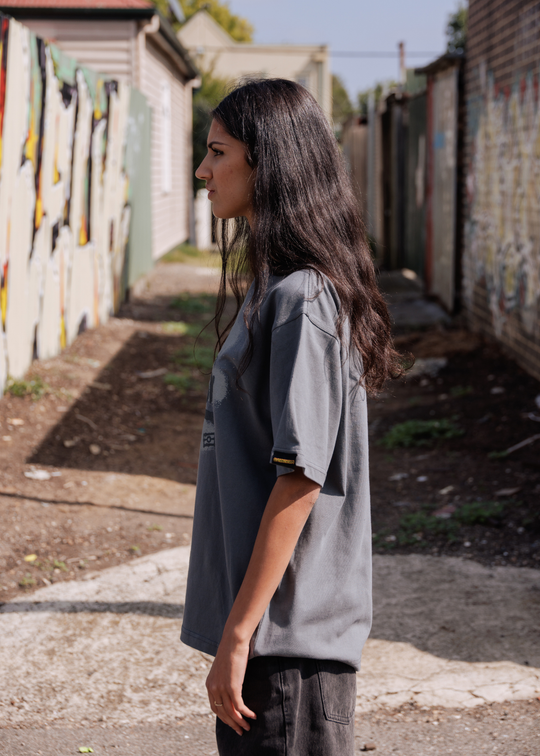 Clothing The Gaps Grey Oversized No Room For Racism Tee — Spray Paint Aboriginal Flag Anti Racism Organic Cotton First Nations Social Enterprise Narrm
