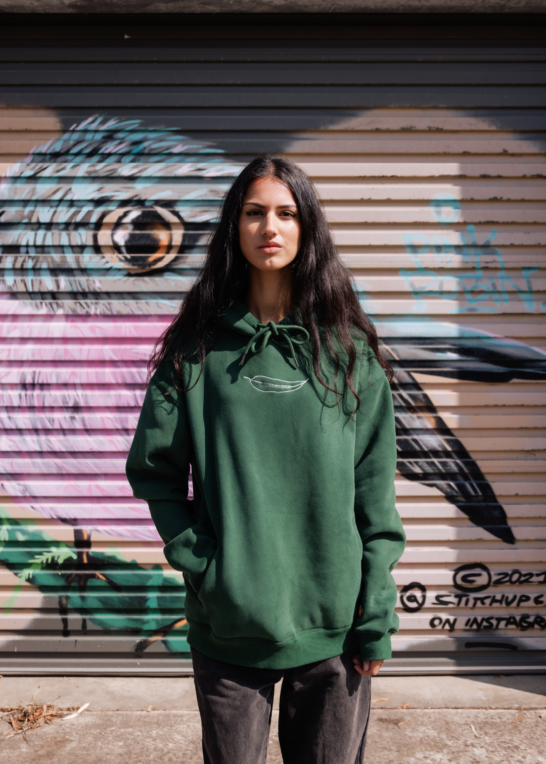 Clothing The Gaps Honour Country Hoodie Green — Gumleaf Front Embroidery Honour Country Back Message 350GSM Fleece First Nations Social Enterprise