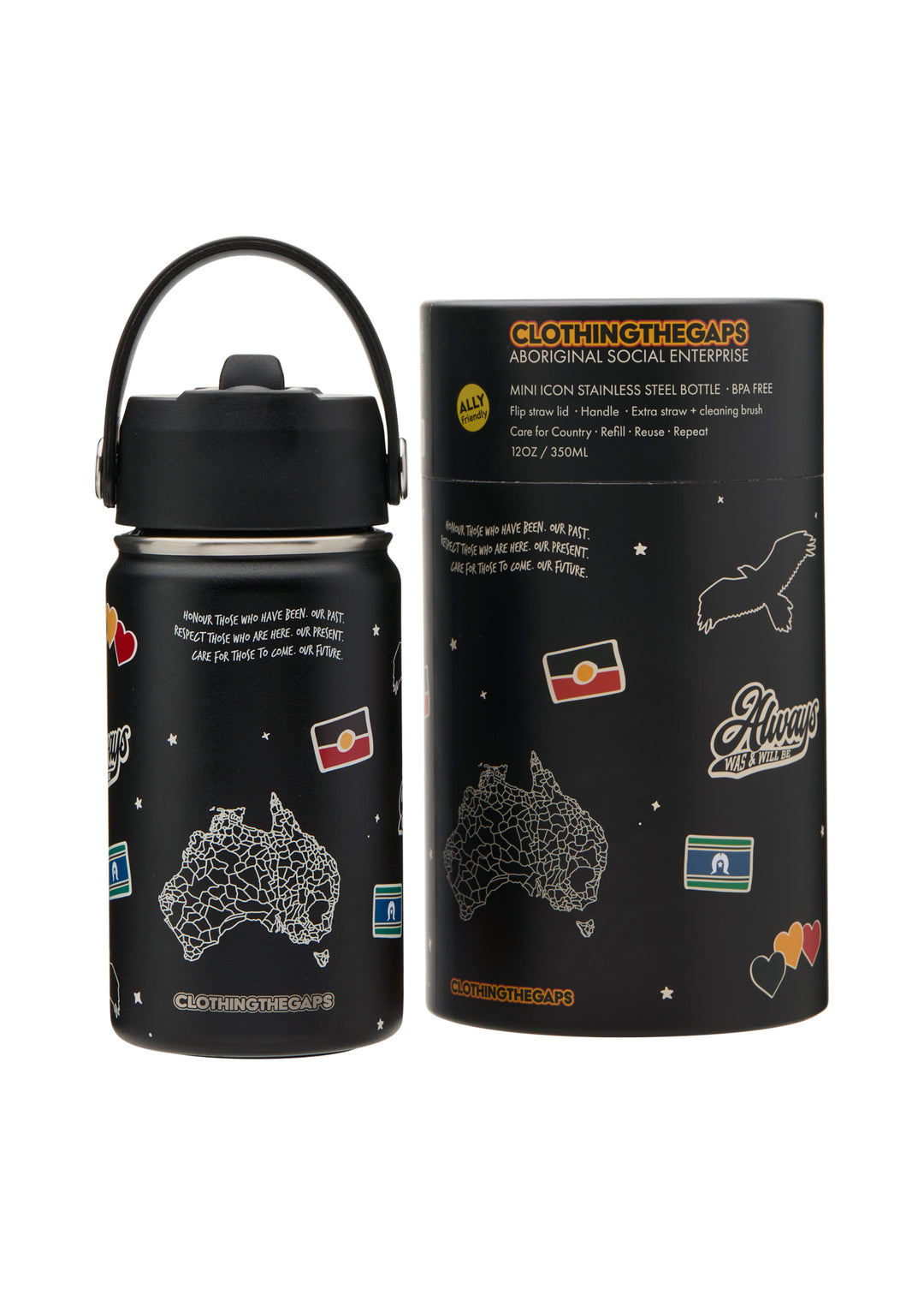 Clothing The Gaps Icon Stainless Steel Water Bottle 340ml — Bunjil Aboriginal Flag Decolonised Map Kulin Nation First Nations Owned