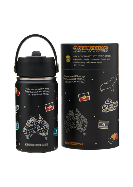 Clothing The Gaps Icon Stainless Steel Water Bottle 340ml — Bunjil Aboriginal Flag Decolonised Map Kulin Nation First Nations Owned