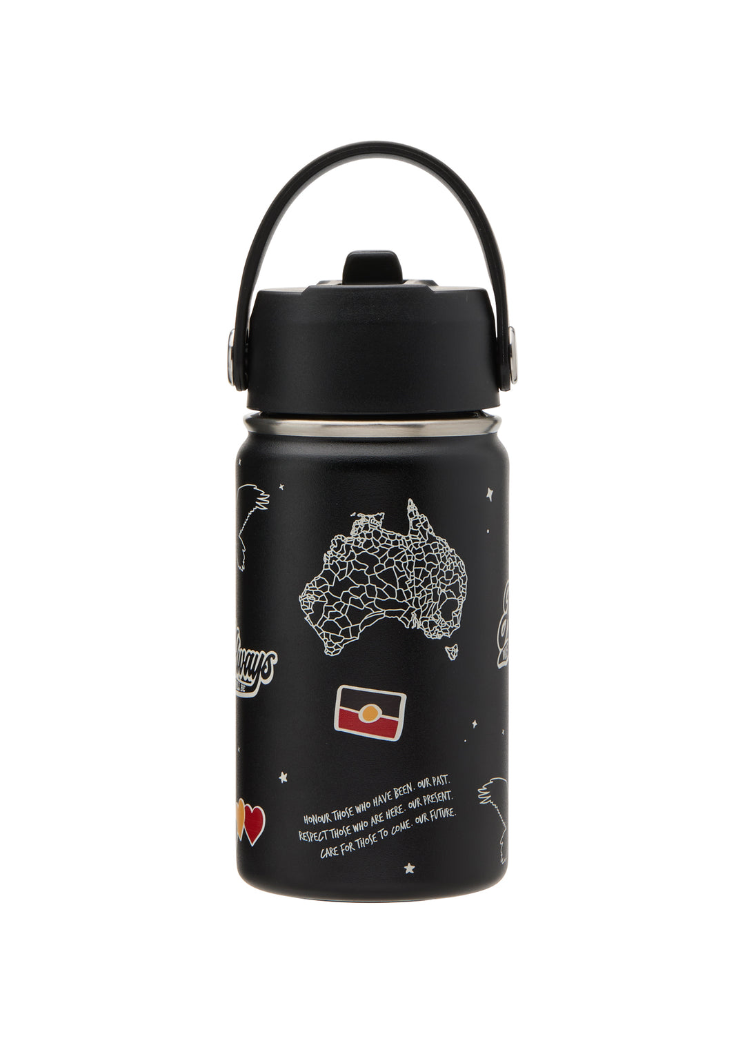 Clothing The Gaps Icon Stainless Steel Water Bottle — 340ml Flip Straw Lid Bunjil Aboriginal Flag First Nations Owned Melbourne
