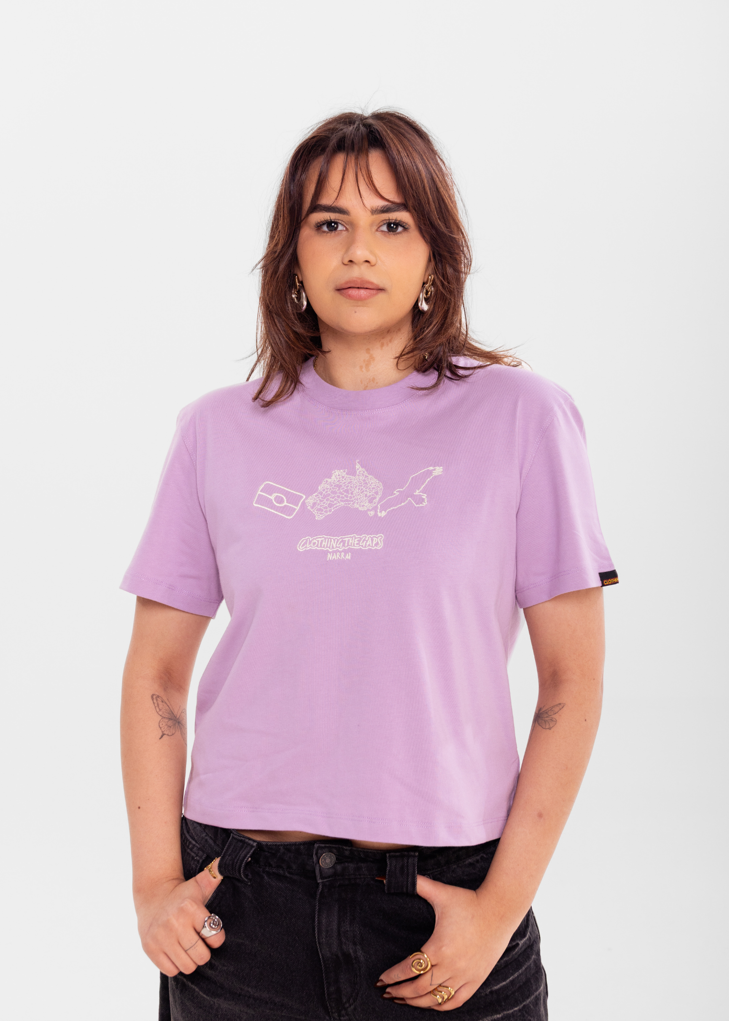 Clothing The Gaps Icon Tee Lilac — Bunjil Aboriginal Flag Decolonised Map Narrm Embroidery Kulin Nation First Nations Social Enterprise