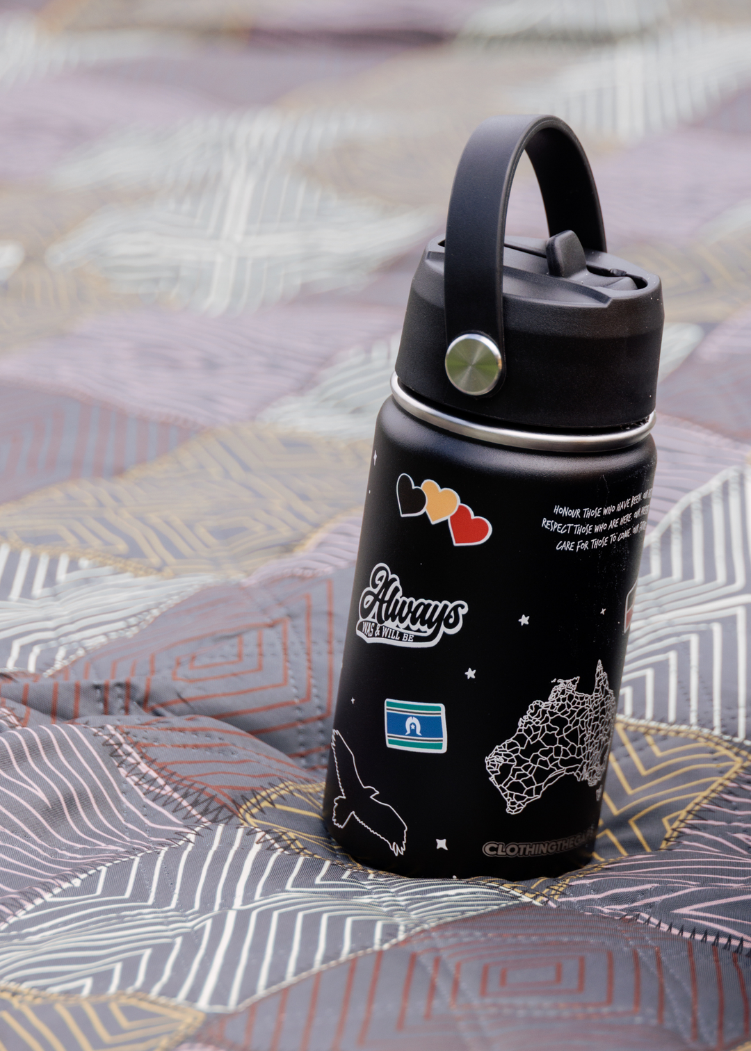 Clothing The Gaps Icon Water Bottle — 340ml Stainless Steel BPA Free Bunjil Aboriginal Flag Decolonised Map First Nations Owned