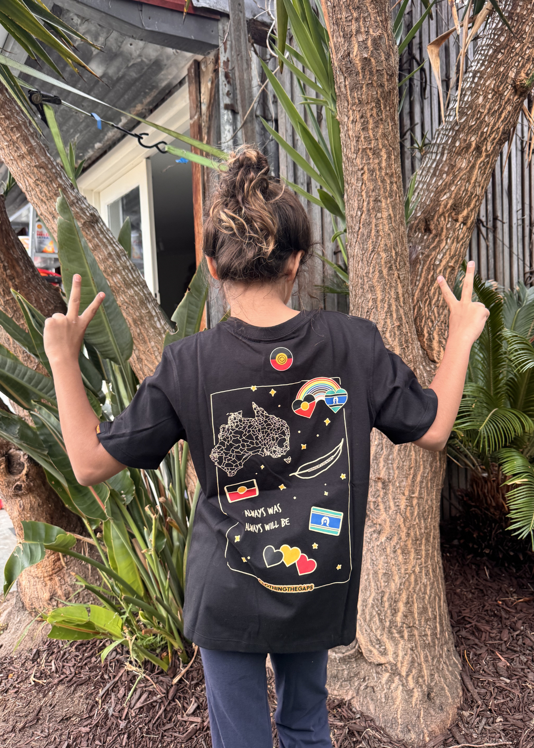 Clothing The Gaps Kids Black Bunjil Tee — Wedge Tailed Eagle Kulin Nation Decolonised Australia Map Aboriginal Owned Narrm
