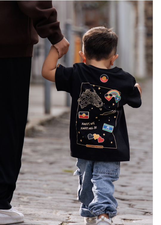 Clothing The Gaps Kids Bunjil Icon Tee — Black 200GSM Cotton Bunjil Aboriginal Flag Decolonised Map First Nations Melbourne
