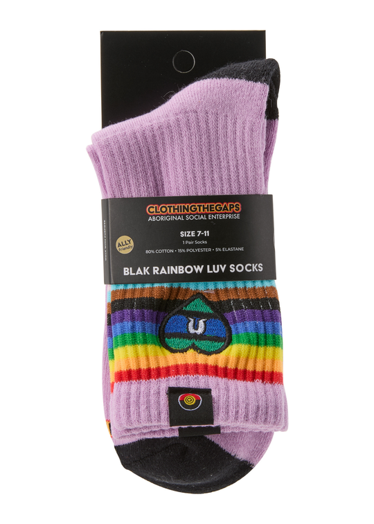 Clothing The Gaps Pair of Blak Rainbow Luv socks with a rainbow pattern and brand label on a white background