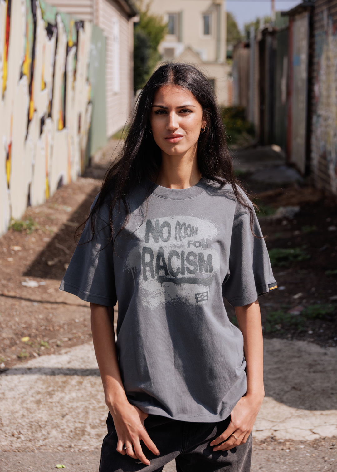 Clothing The Gaps No Room For Racism Oversized Tee Grey — Spray Paint Print Aboriginal Flag Outline Anti Racism First Nations Social Enterprise