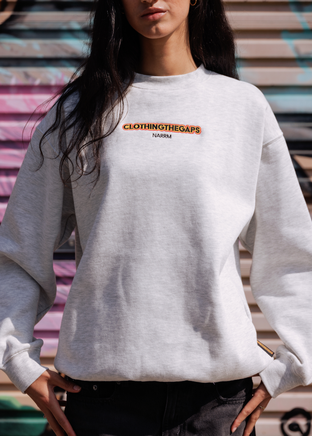 Clothing The Gaps OG Grey Crew Jumper — Classic Everyday Essential Narrm Embroidery Aboriginal Owned Brand