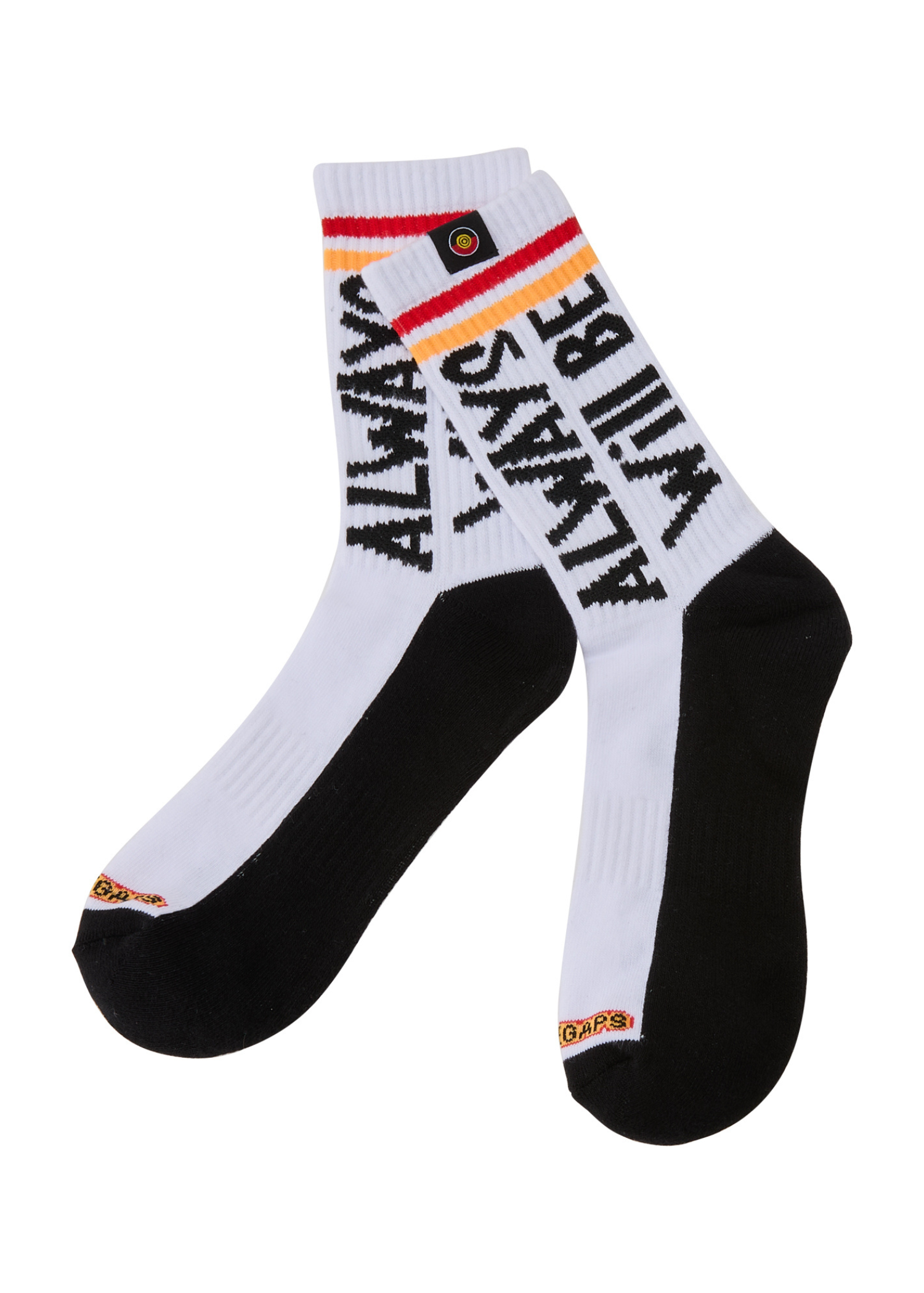 White socks with black 'Always Will Be' text and red, yellow, and orange accents on a white background.