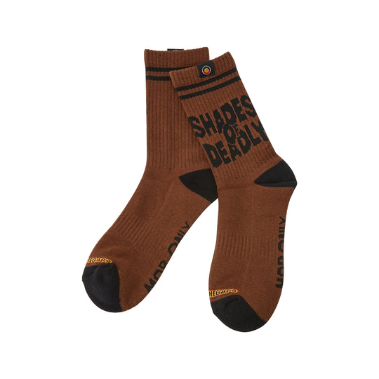 Brown socks with black shades of deadly text and accents on a white background