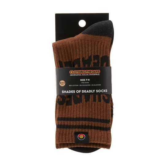 Pair of brown socks with black stripes on a white background in Clothing The Gaps in packaging.