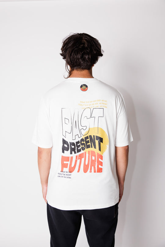 Clothing The Gaps. Past Present Future Tee. White tee with a small 'Past, Present, Future' pocket square on the front and large 'Past, Present , Future screen print back Black white and red with a yellow sun behind.