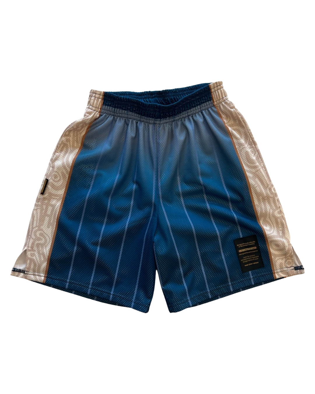 Clothing The Gaps. Naarm Basketball Shorts. Retro look with Mesh retro look crafted with a sublimated blue gradient finish light blue vertical lines going down leg. Cream/tan aboriginal  artwork strip going down side of both legs. Has a elastic waist, deep pockets and clothing the gaps patch on corner of left leg. 