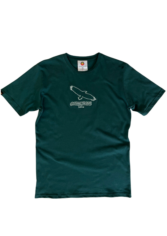 Clothing The Gaps. Bunjil Forrest Tee. Forest green t-shirt with Bunjil, a well-known wedge tailed eagle who is the spiritual creator and protector of the Kulin Nation in Victoria embroidered on the front. Underneath the embroidered Bunjil is Clothing the gaps embroiled in the same colour as-well as the word Narrm which Wurundjeri refer to the scrubland (Narrm) in the Greater Melbourne CBD area, and Boonwurrung people use this word to refer 'The Bay,' referencing Port Phillip Bay area of Victoria.
