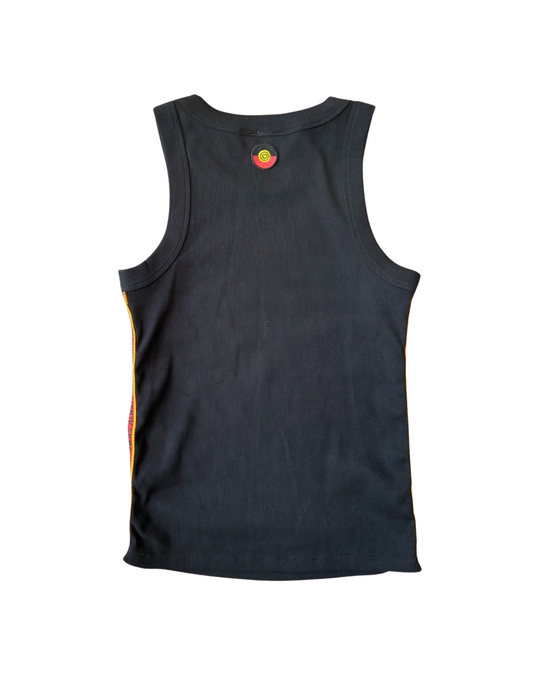 Clothing the Gaps. Black ribbed tank. With black 'always was always will be' text on a red background with a yellow trim. In a cotton tape strip going down under both arms.