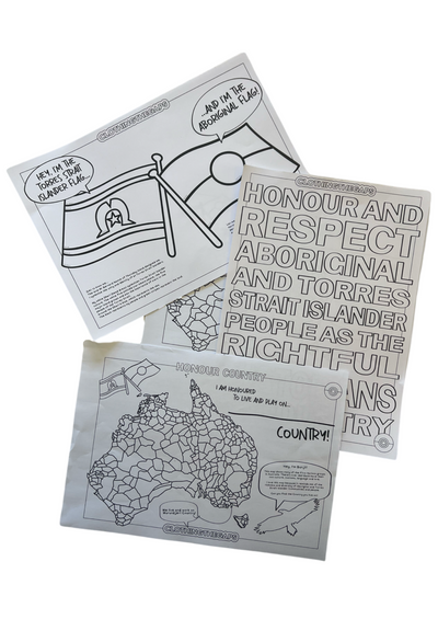 Colour in pages: Acknowledgement of Country, First Nations Flags and Decolonised Map. Clothing The Gaps.