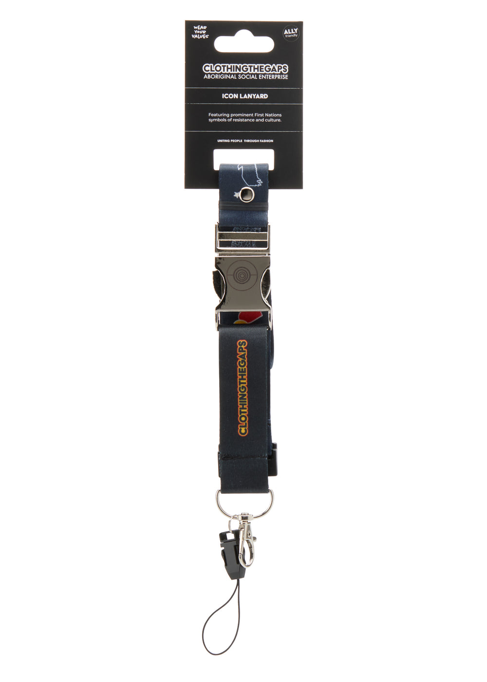 Clothing the Gaps Icon Black lanyard with metal clip on a white background