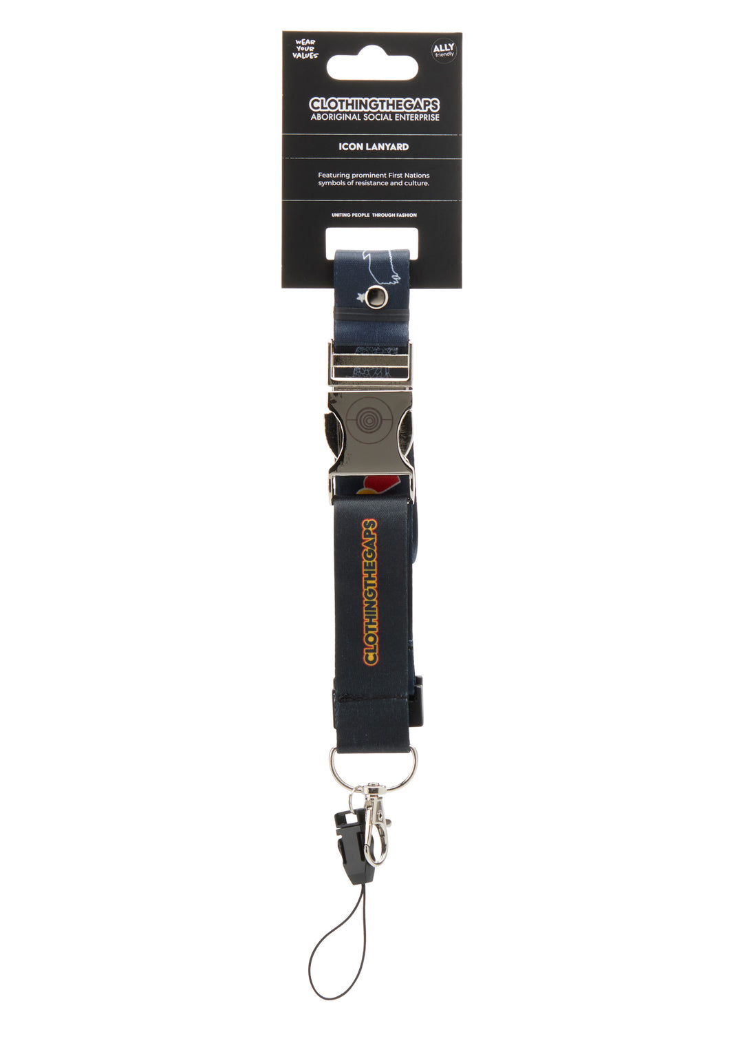 Clothing the Gaps Icon Black lanyard with metal clip on a white background
