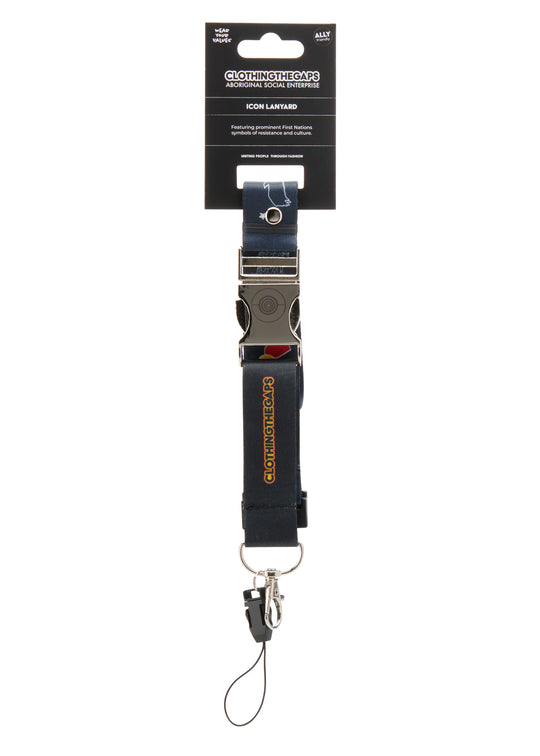 Clothing the Gaps Icon Black lanyard with metal clip on a white background
