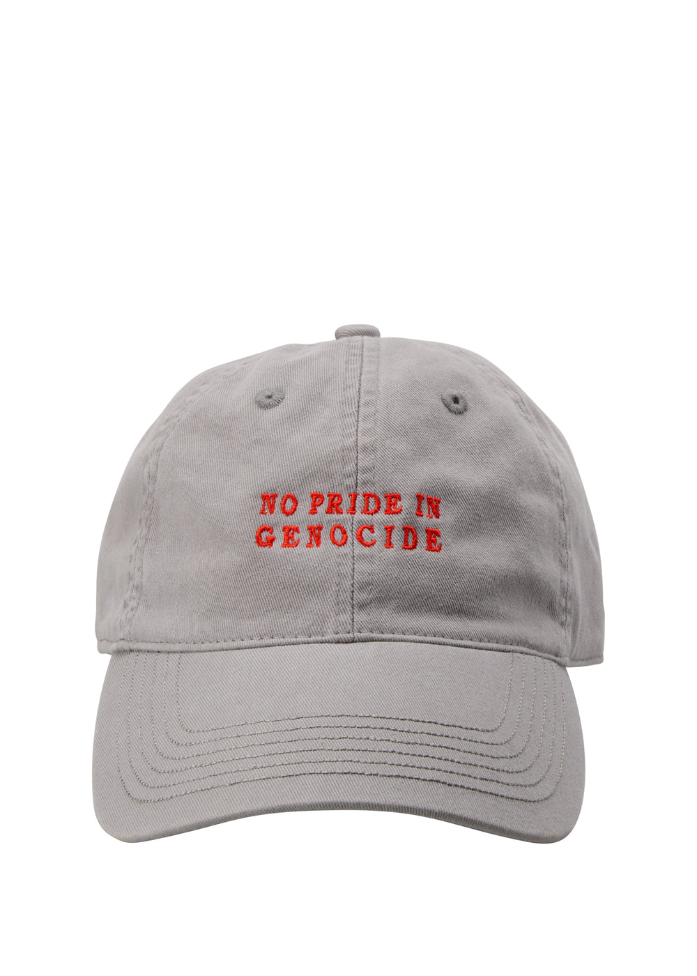 front of No Pride in Genocide cap clothing the gaps 