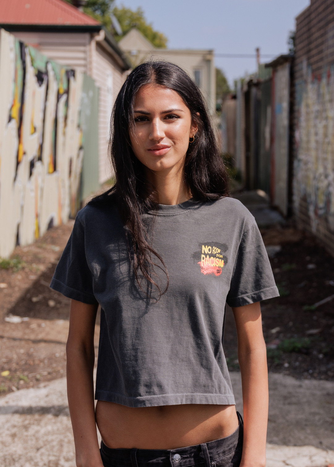 Stand Up Against Racism boxy tee in vintage pepper with slightly cropped fit featuring No Room For Racism print