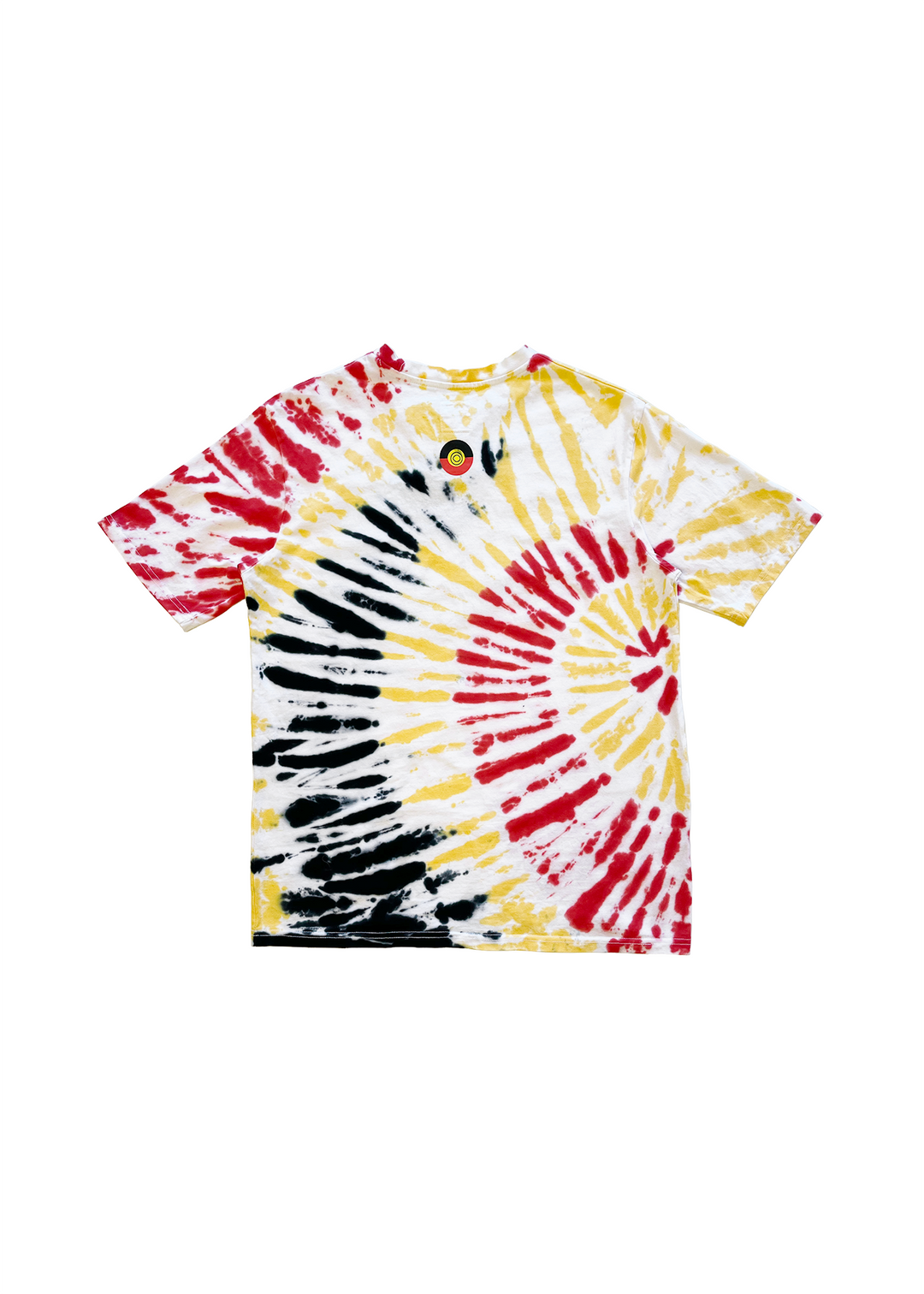 Clothing The Gaps. Tie Dye Spirit Tee. White T-shirt. With Red, black and yellow tie died in random pattern. Has embroidered 'Clothing The Gaps' on front chest with minimalist font in black text with a yellow and red outline and 'Narrm' in black embroidered underneath, acknowledging the land on which Clothing The Gaps operates it's social enterprise.