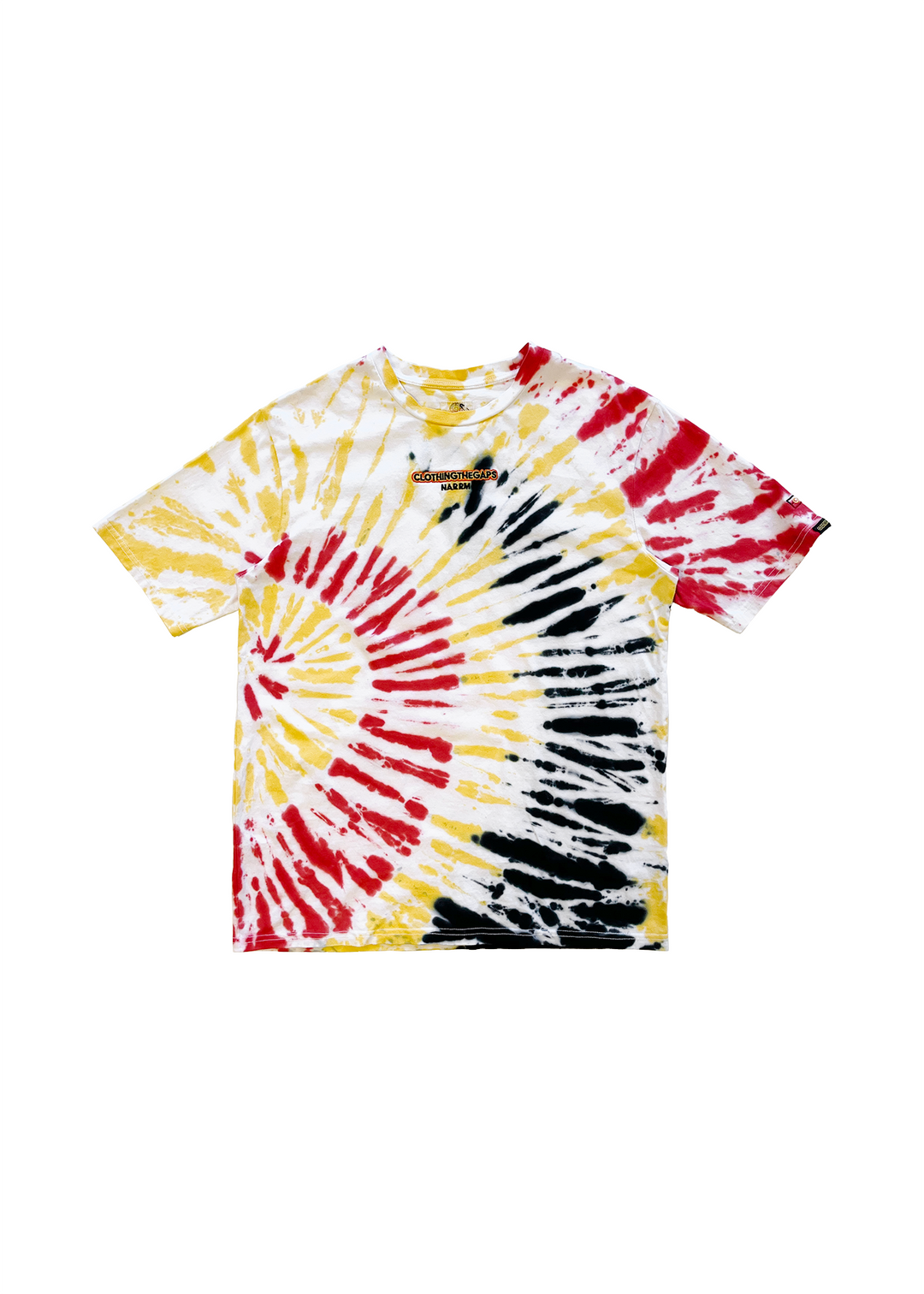 Clothing The Gaps. Tie Dye Spirit Tee. White T-shirt. With Red, black and yellow tie died in random pattern. Has embroidered 'Clothing The Gaps' on front chest with minimalist font in black text with a yellow and red outline and 'Narrm' in black embroidered underneath, acknowledging the land on which Clothing The Gaps operates it's social enterprise.