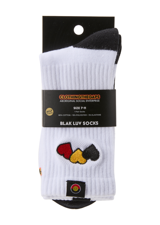 White socks with colorful designs on a black and white package, featuring the brand Clothing The Gaps.