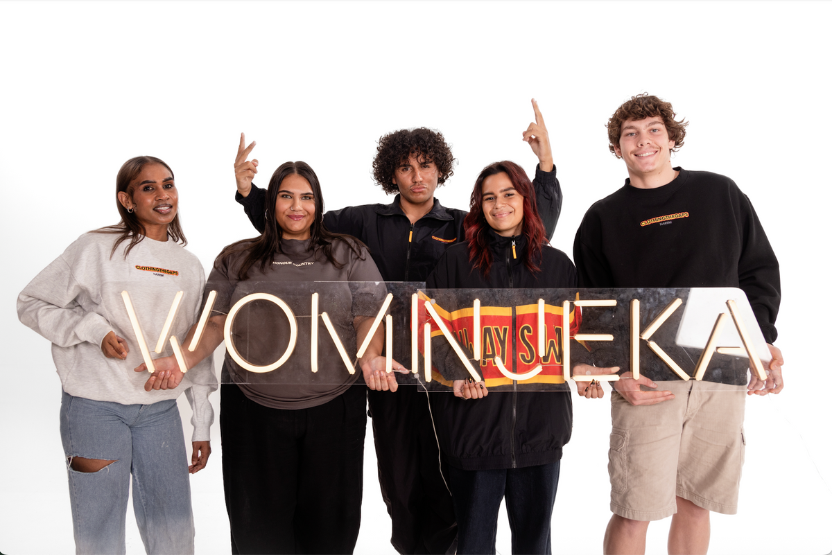 Five people holding a sign with 'Womijeka' on a white background