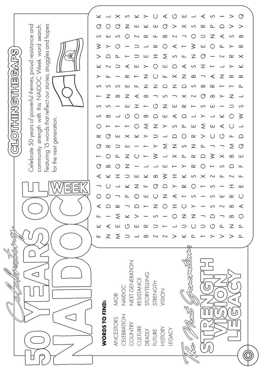 NAIDOC 2025 word search activity sheet - alternate view. Clothing The Gaps.