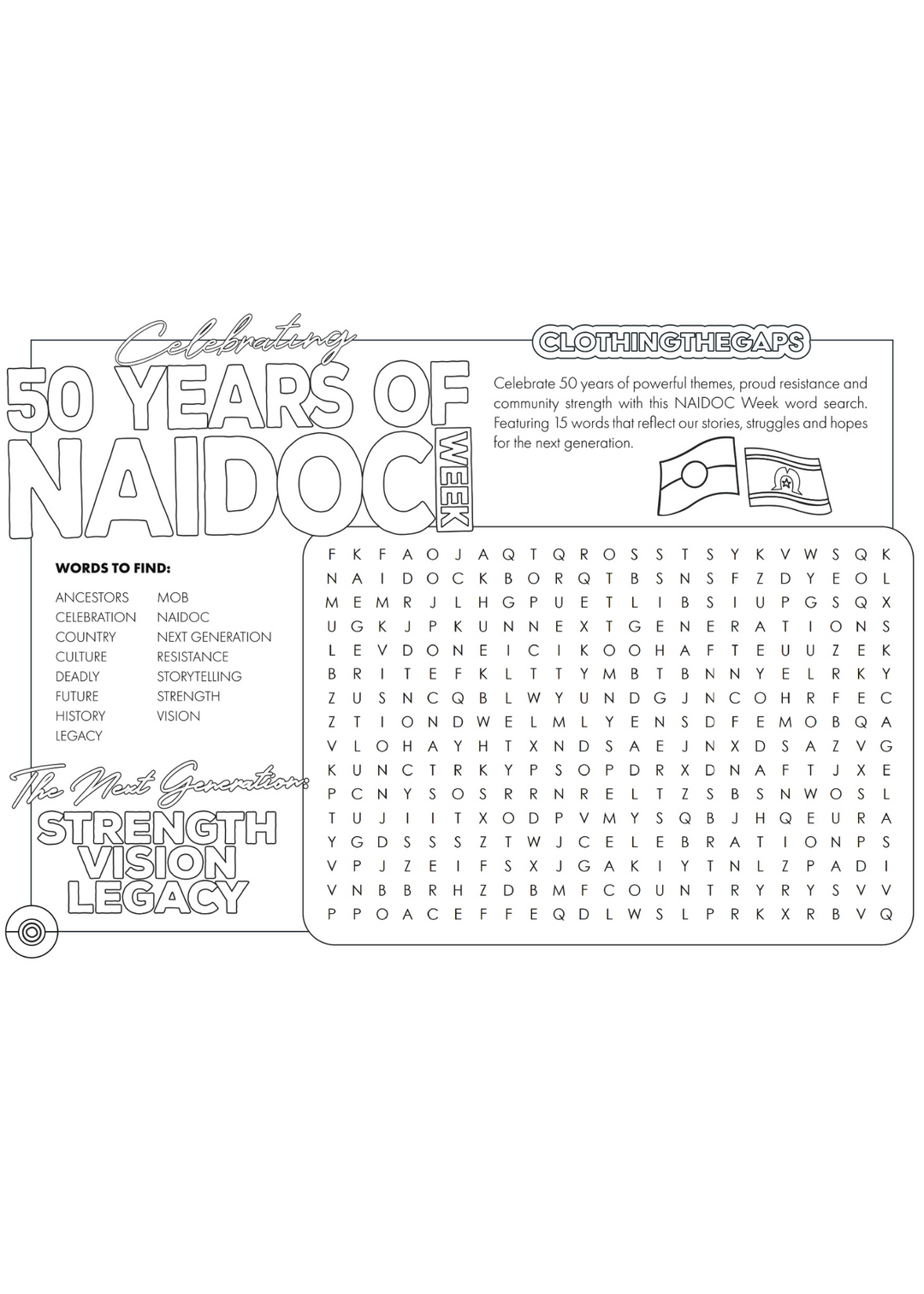 NAIDOC word search activity sheet. Clothing The Gaps.