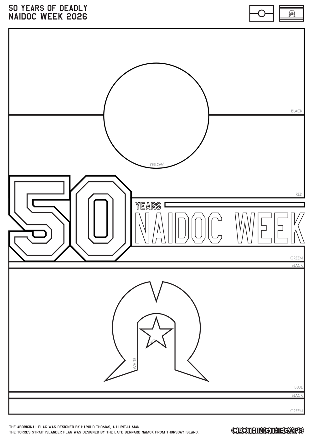 NAIDOC 2026 colour in sheet - alternate design. Clothing The Gaps.