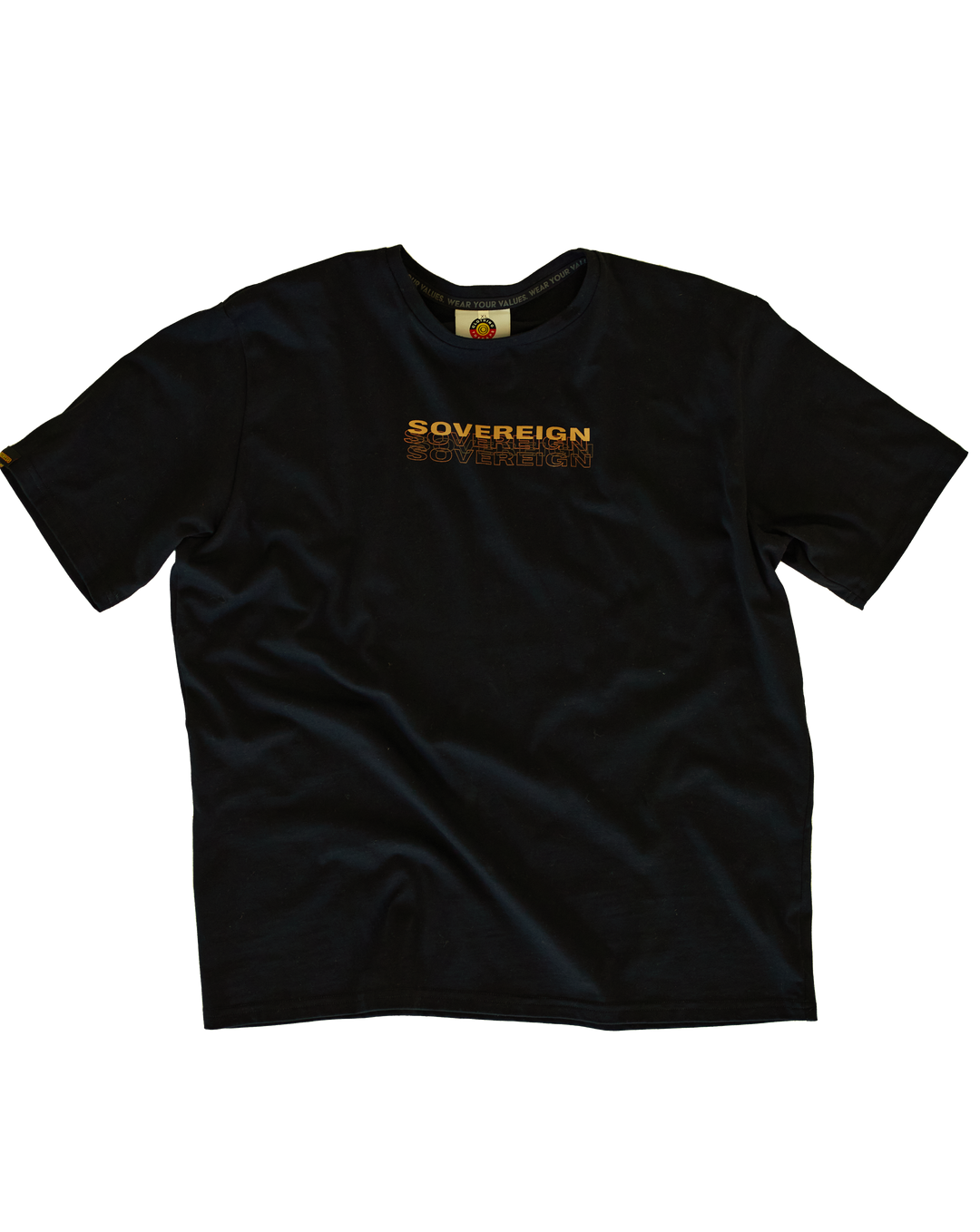 Clothing The Gaps. Sovereign tee. Mob only T-shirt. Black t-shirt with bold cream text across chest reading 'sovereign.' Below is a brown shadow outline of the word.