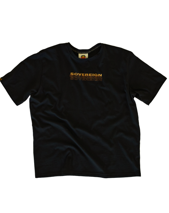 Clothing The Gaps. Sovereign tee. Mob only T-shirt. Black t-shirt with bold cream text across chest reading 'sovereign.' Below is a brown shadow outline of the word.