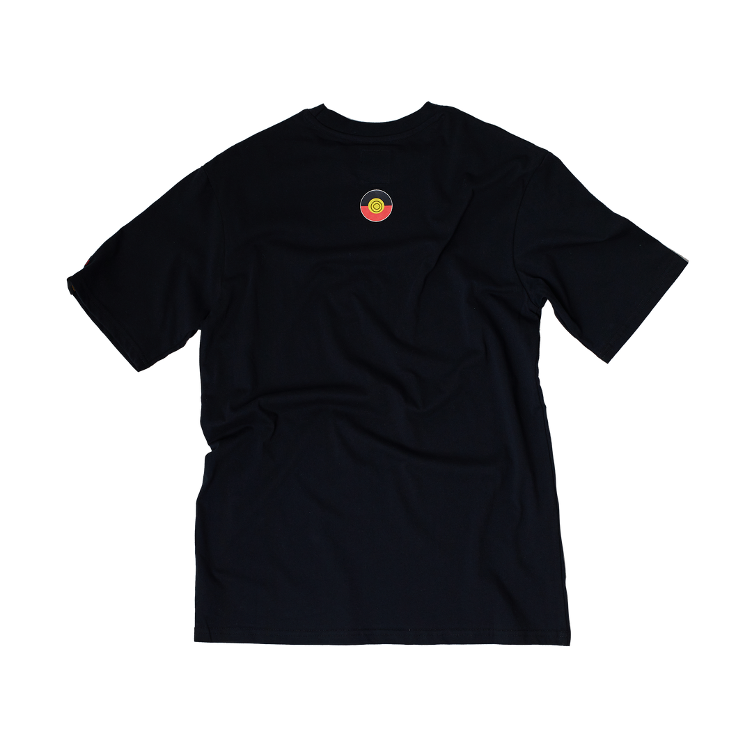 Clothing The Gaps. People Tee. Black T-shirt. With embroidered 'Clothing The Gaps' on front chest with minimalist font in a contrasting light grey colour and 'Narrm' in a light grey embroidered underneath, acknowledging the land on which Clothing The Gaps operates it's social enterprise.
