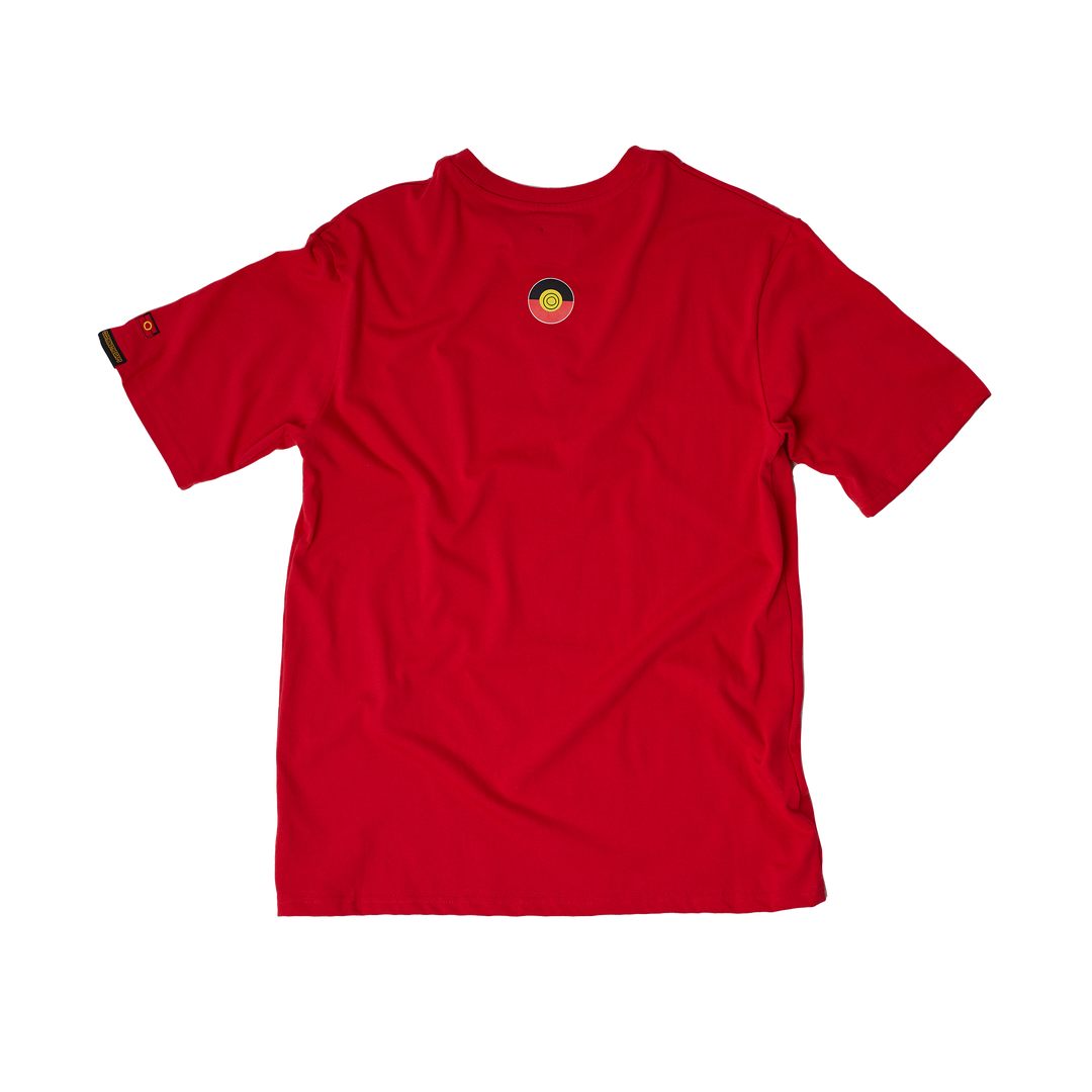 Clothing The Gaps. Land Tee. Red T-shirt. With embroidered 'Clothing The Gaps' on front chest with minimalist font in a contrasting light red colour and 'Narrm' in a dark red embroidered underneath, acknowledging the land on which Clothing The Gaps operates it's social enterprise.