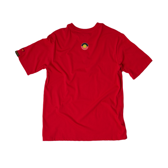 Clothing The Gaps. Land Tee. Red T-shirt. With embroidered 'Clothing The Gaps' on front chest with minimalist font in a contrasting light red colour and 'Narrm' in a dark red embroidered underneath, acknowledging the land on which Clothing The Gaps operates it's social enterprise.