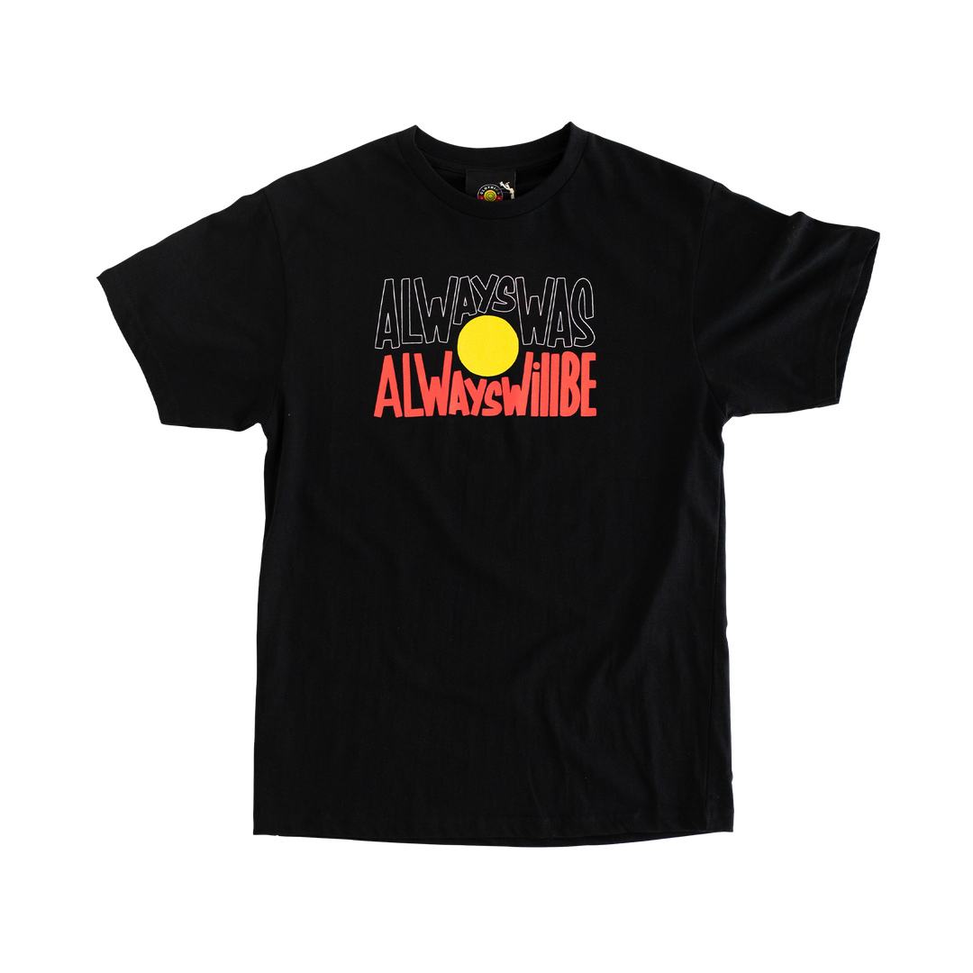 Clothing The Gaps. Black kids short sleeve T-shirt with Black, yellow and red 'always was always will be' text screen printed in centre.