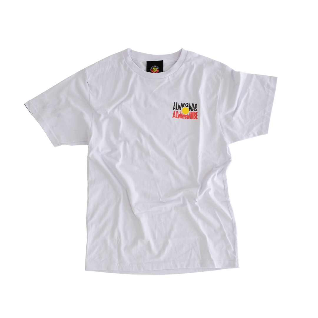 Clothing The Gaps. White 'Always Was, Always Will Be' Tee. White t-shirt. With a Black, yellow and red 'always was always will be' text screen printed in left corner pocket sized.