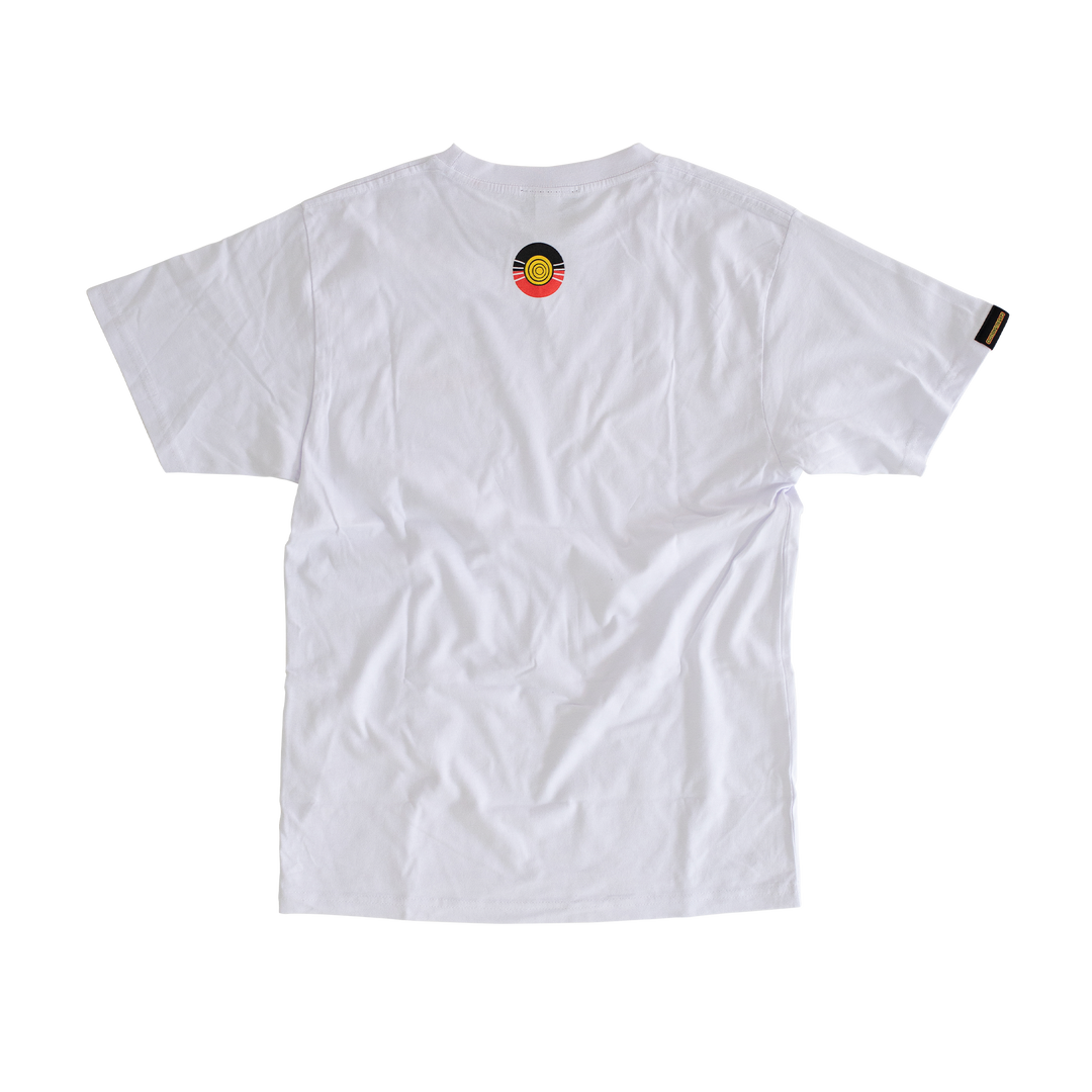 Clothing The Gaps. White 'Always Was, Always Will Be' Tee. White t-shirt. With a Black, yellow and red 'always was always will be' text screen printed in left corner pocket sized.