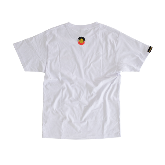 Clothing The Gaps. White 'Always Was, Always Will Be' Tee. White t-shirt. With a Black, yellow and red 'always was always will be' text screen printed in left corner pocket sized.