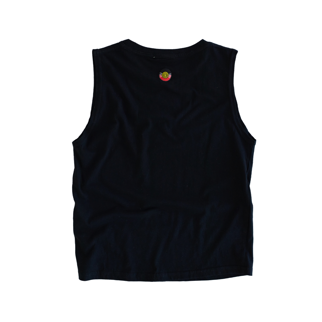 Clothing The Gaps. Our Islands Our Home Tank. All black tank with embroidered white Dhari on top of Green, Blue and Black hearts embroidered on front chest. 