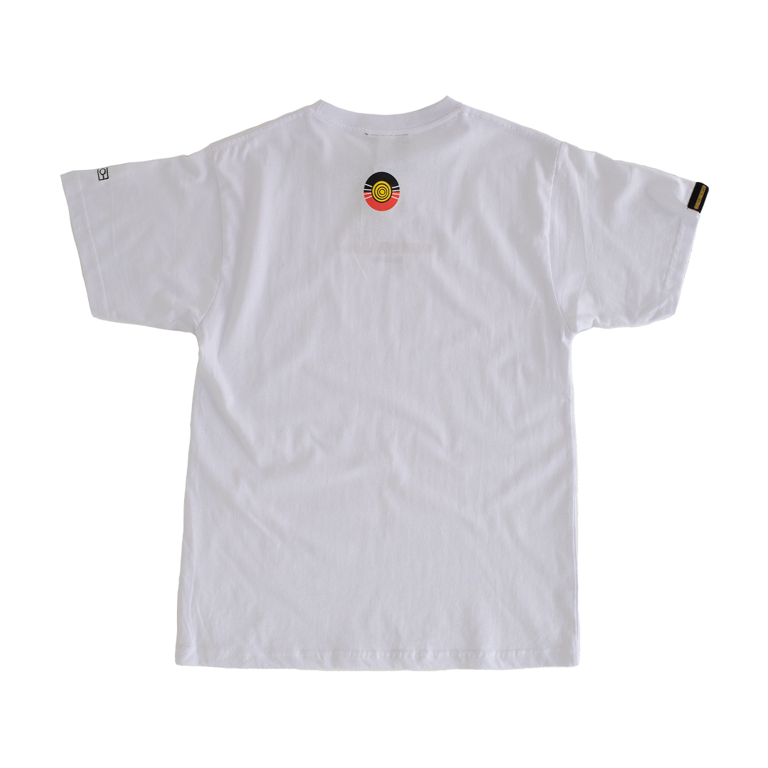 Clothing The Gaps. Spirit Tee. White T-shirt. With embroidered 'Clothing The Gaps' on front chest with minimalist font in black text with a yellow and red outline and 'Narrm' in black embroidered underneath, acknowledging the land on which Clothing The Gaps operates it's social enterprise.