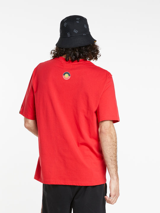 Clothing The Gaps. Land Tee. Red T-shirt. With embroidered 'Clothing The Gaps' on front chest with minimalist font in a contrasting light red colour and 'Narrm' in a dark red embroidered underneath, acknowledging the land on which Clothing The Gaps operates it's social enterprise.