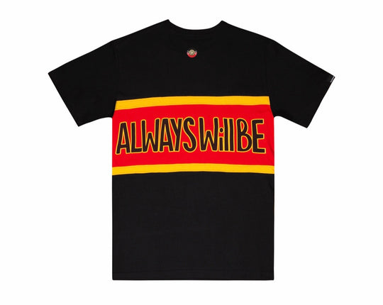 Clothing The Gaps. Power Rugby Tee. Red, black and yellow colorway. Black base tee with thick yellow top and bottom lines and red fill in mid section of jumper with big bold black text with a yellow outline in red section. Reading 'Always was' on front and on back in same text 'Always will be.' 